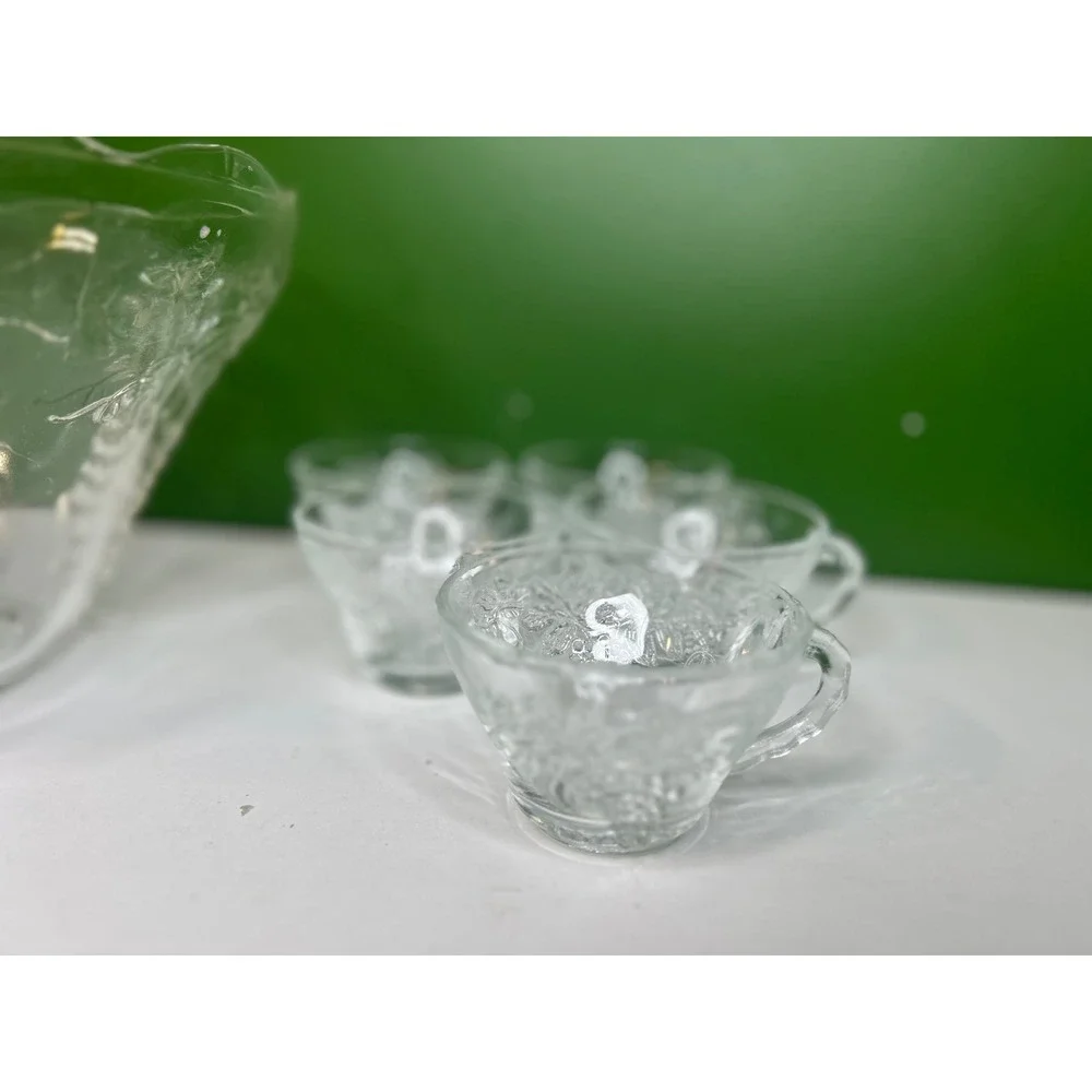 Vintage Clear Pressed Glass Grape Harvest Punch Bowl Set with 5 Cups and Ladle